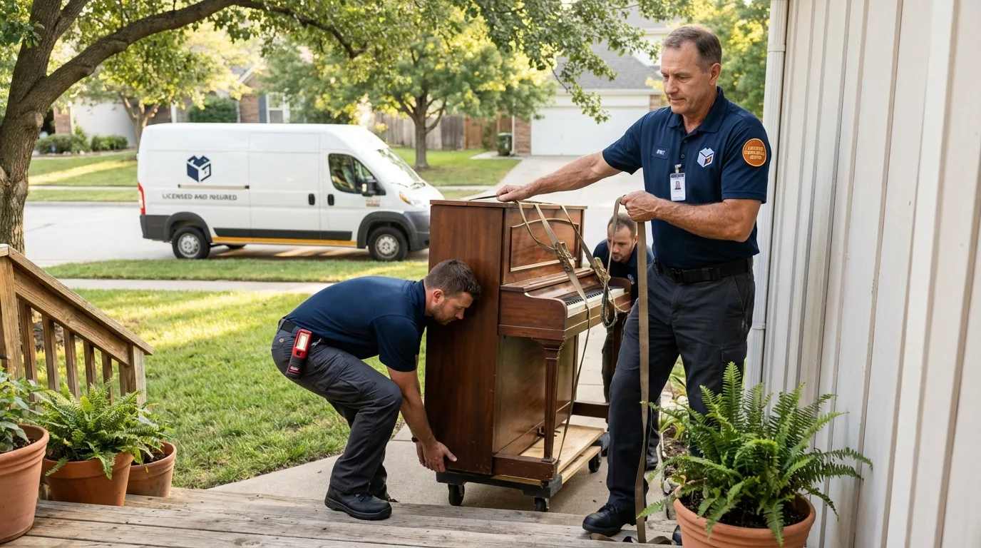 Licensed piano movers securing grand piano in Biddeford, ME