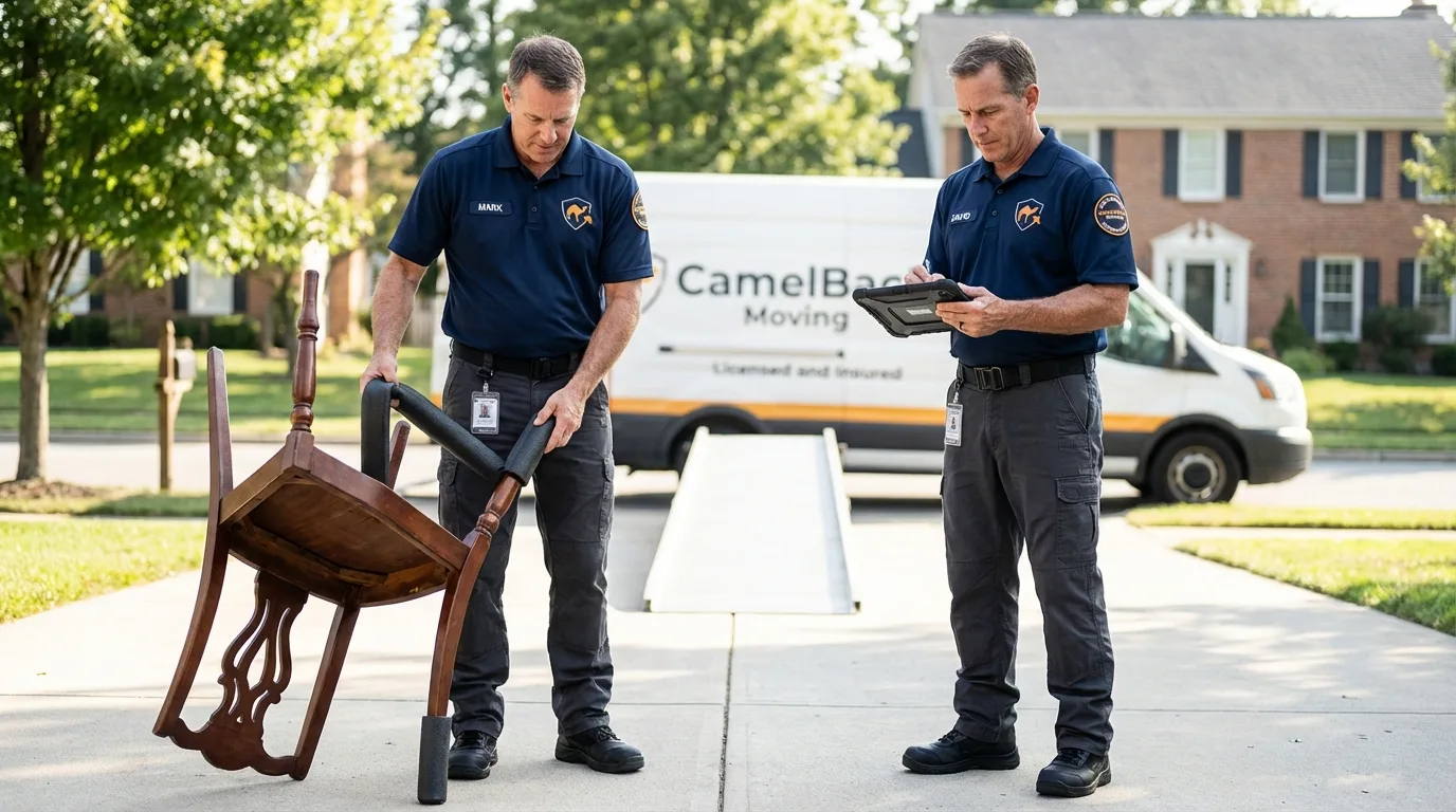 Movers inspecting furniture for damage prevention before loading in Biddeford, ME