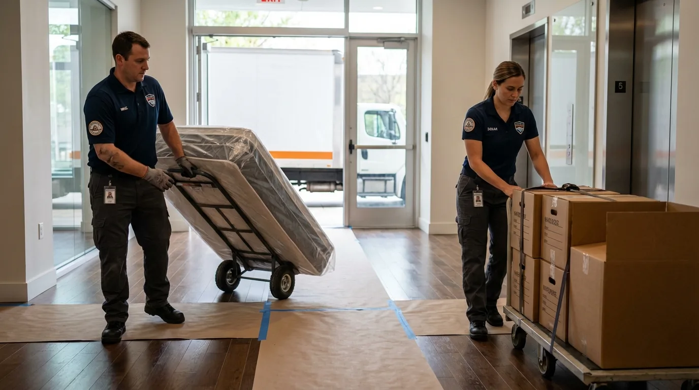 Professional apartment movers loading elevator in Biddeford, ME